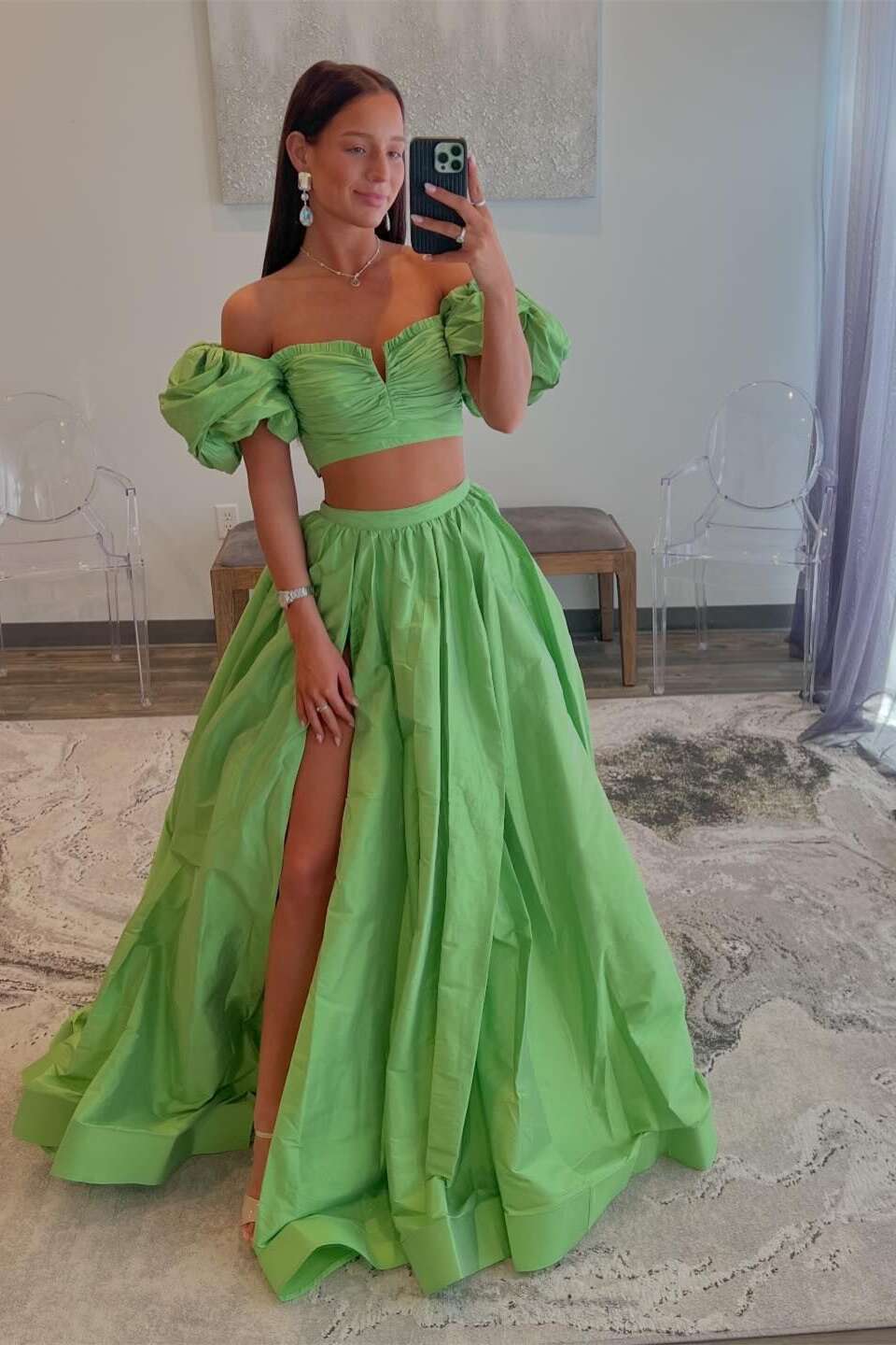 Green Two-Piece Puff Sleeves Satin Long Prom Dress With Split