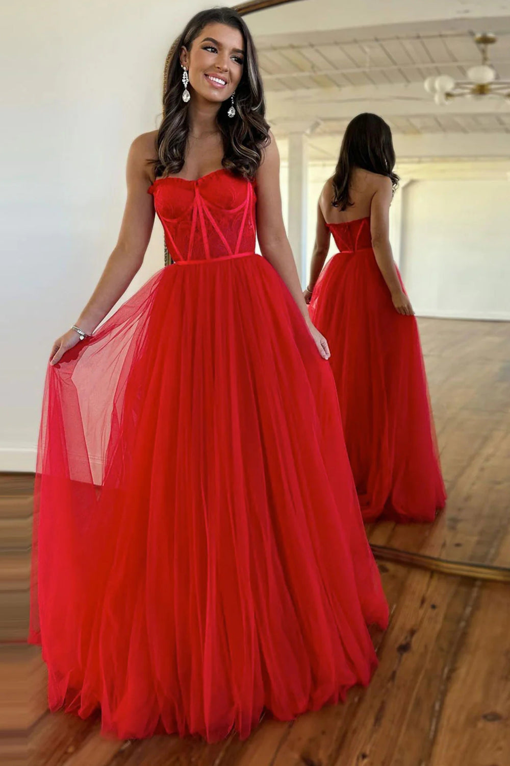 Black A Line Sweetheart Corset Tulle Prom Dress with Slit