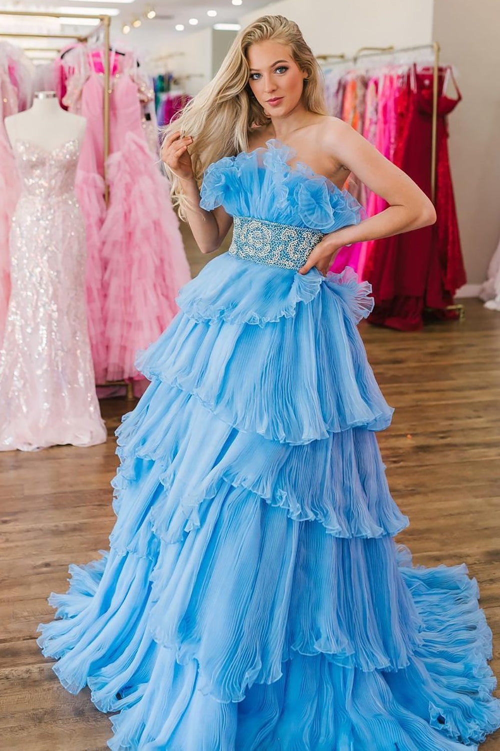 A Line Strapless Long Prom Dress with Ruffles