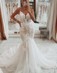 Ivory Mermaid Tulle Spaghetti Straps Long Wedding Dress
