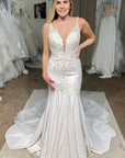 White Deep V-Neck Mermaid Long Wedding Dress with Appliques