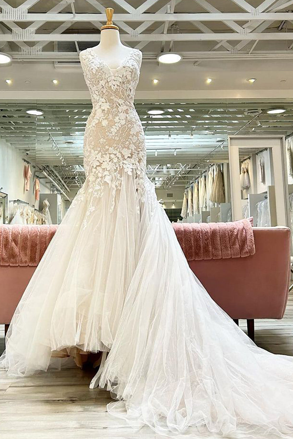 Champagne V-Neck Asymmetrical Mermaid Wedding Dress with Appliques