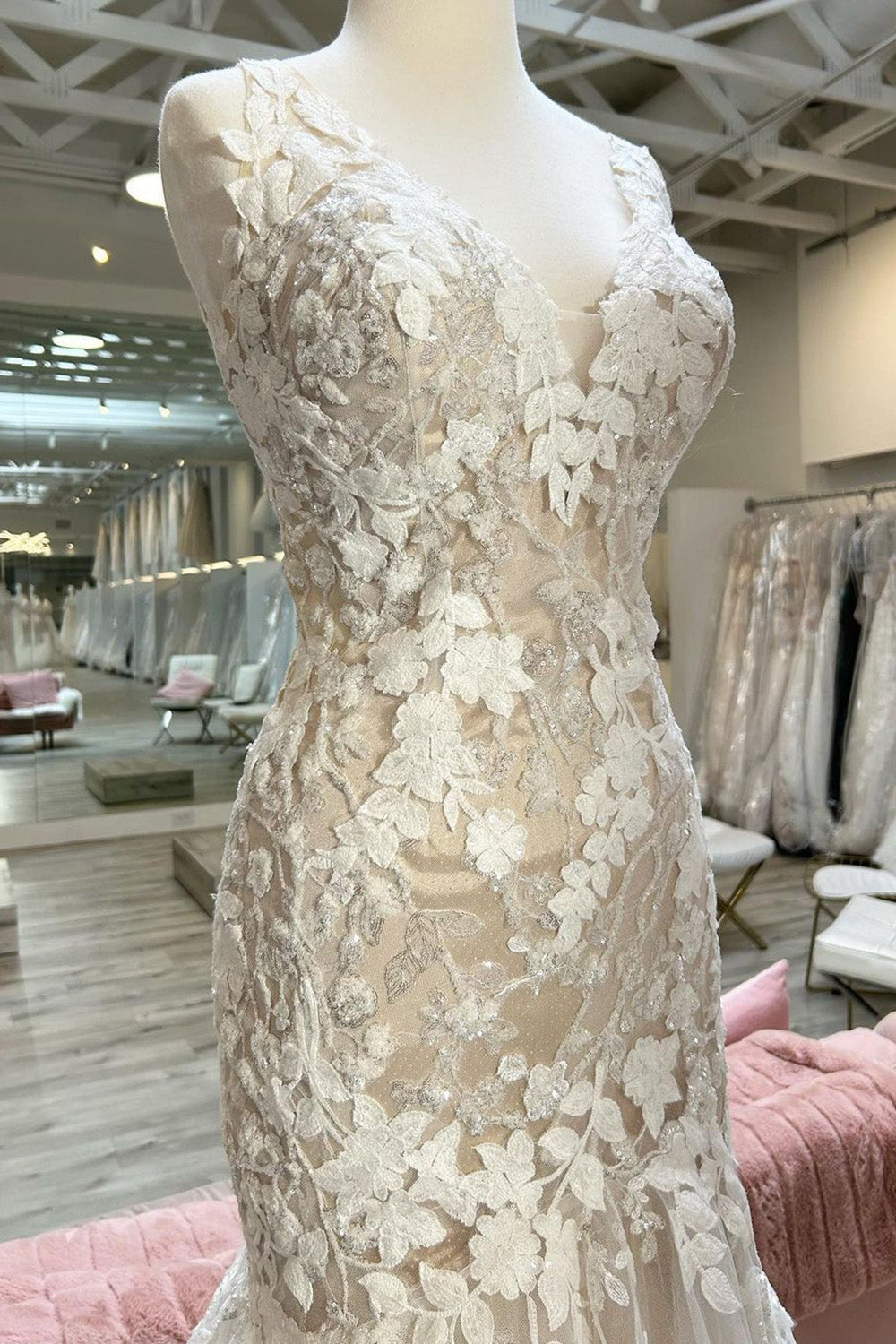 Champagne V-Neck Asymmetrical Mermaid Wedding Dress with Appliques