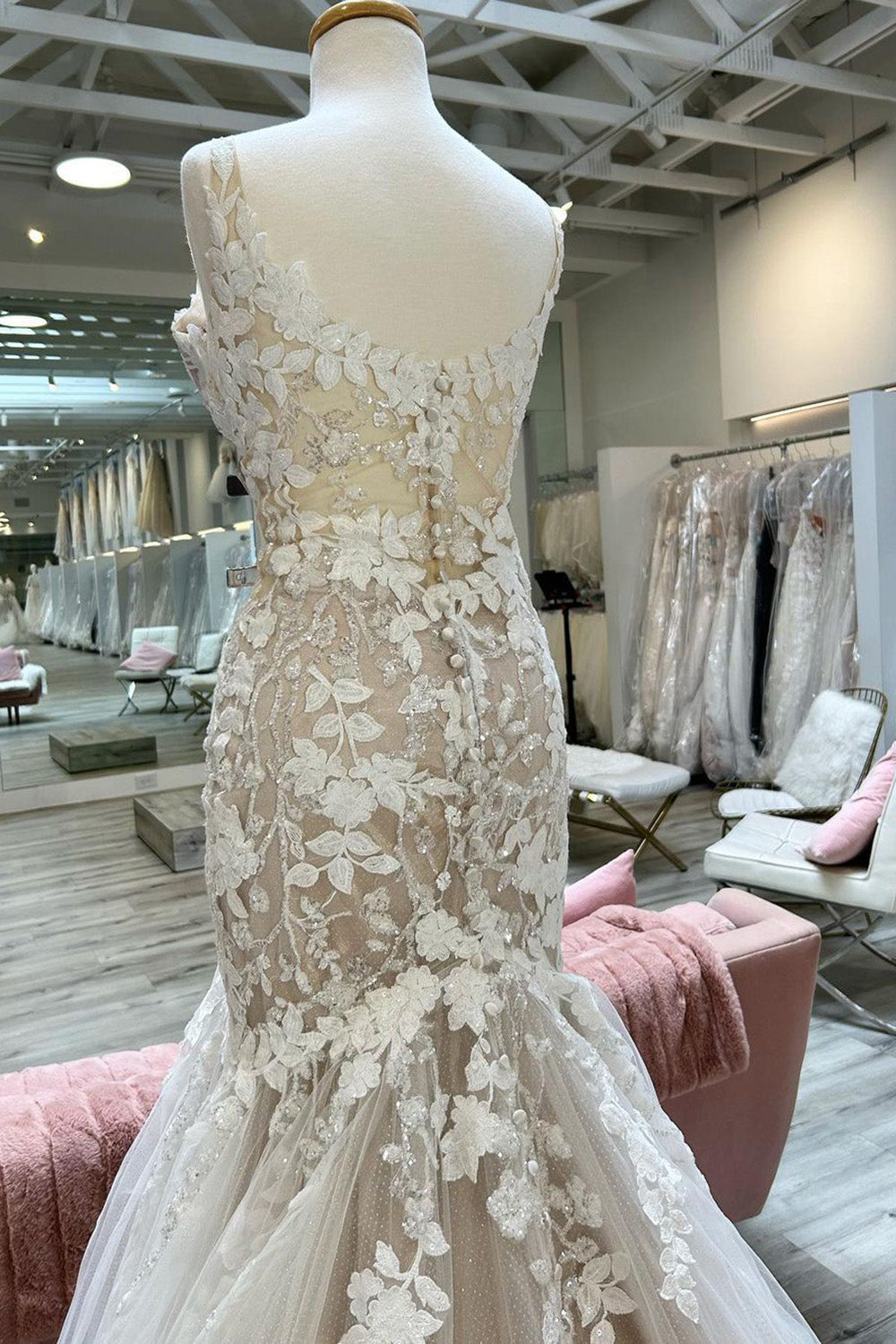 Champagne V-Neck Asymmetrical Mermaid Wedding Dress with Appliques