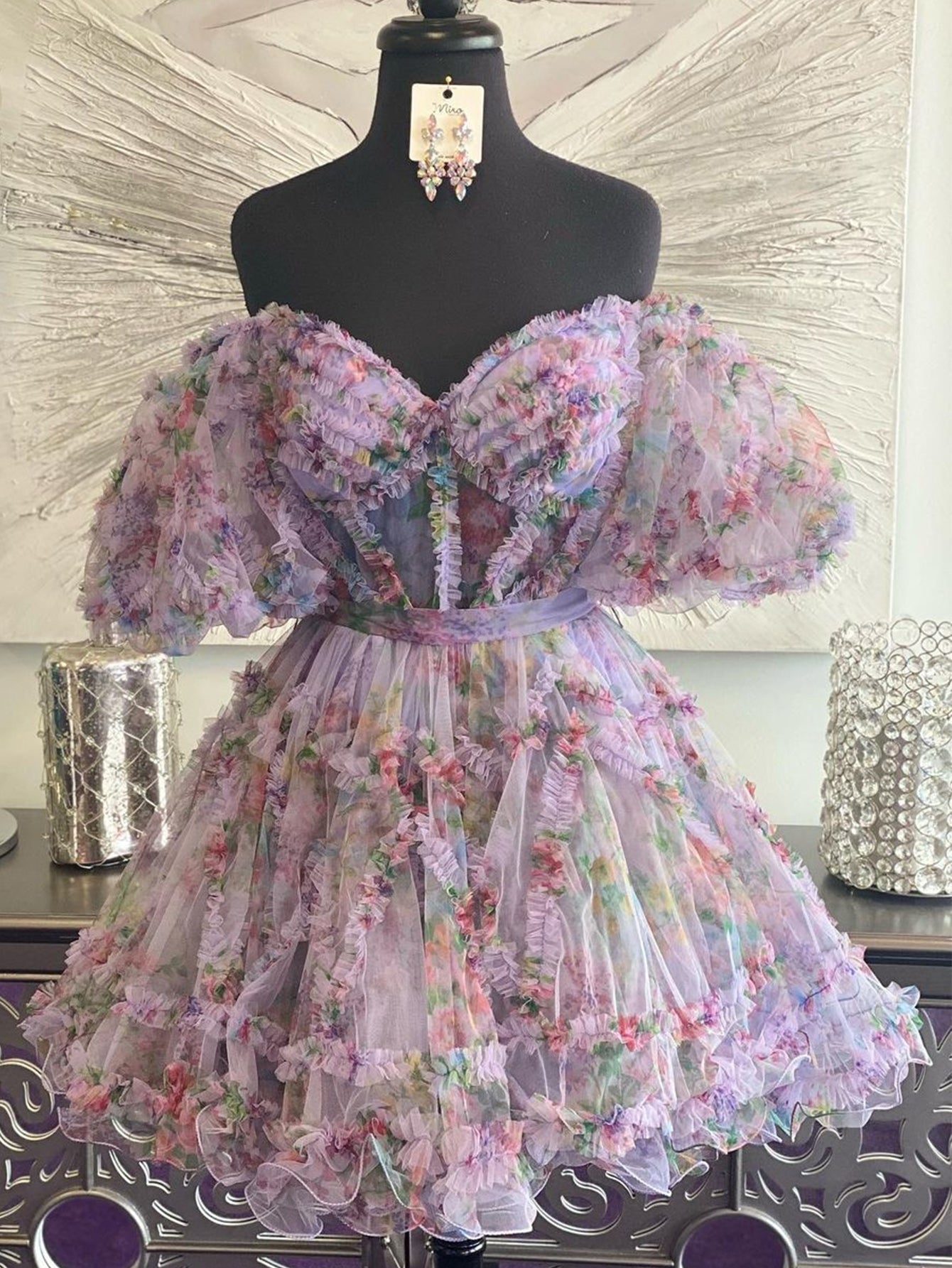 Light Purple A Line Off the Shoulder Floral Printed Homecoming Dress