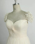 A-Line Cap Sleeve Sweetheart Tulle Sweep Train Long Wedding Dress