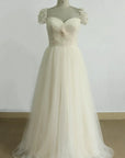 A-Line Cap Sleeve Sweetheart Tulle Sweep Train Long Wedding Dress