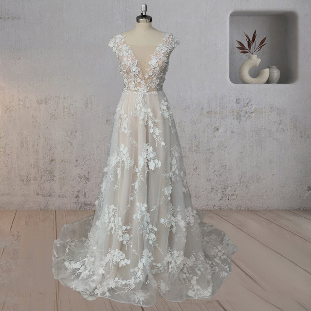 A-Line Champagne Floral 3D Lace Fantasy Wedding Dress