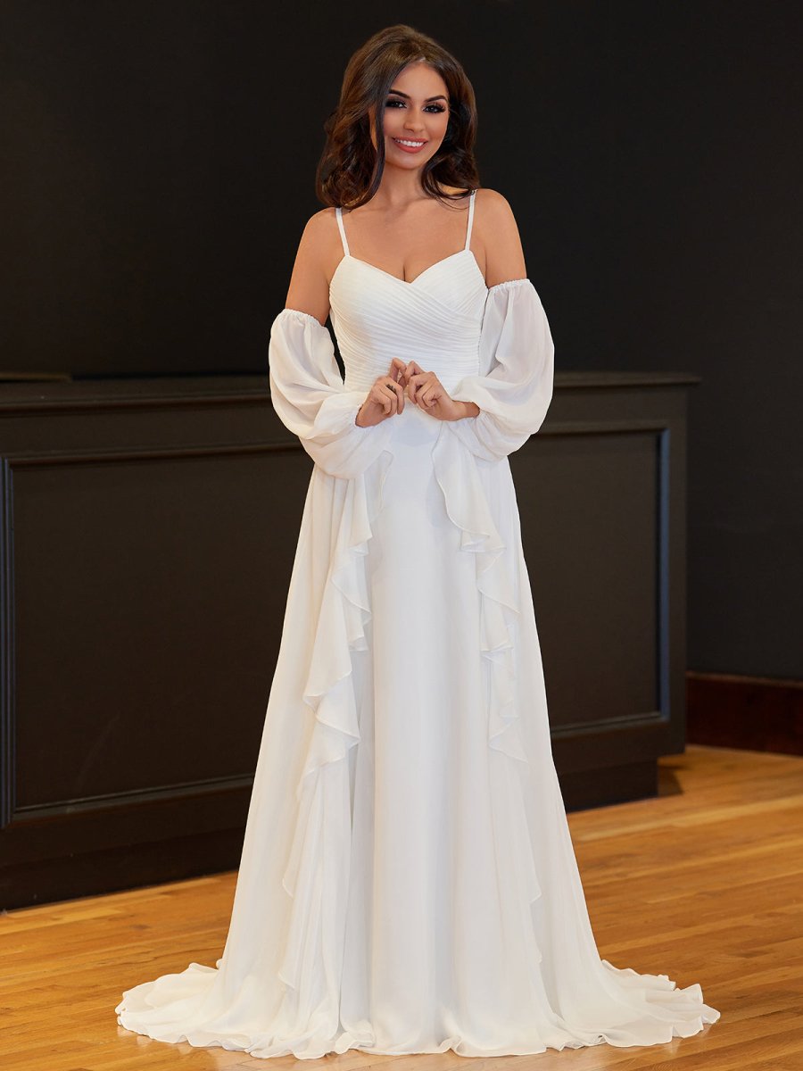 A - Line Chiffon Detachable Puffy Sleeves Wedding Dress - KissProm