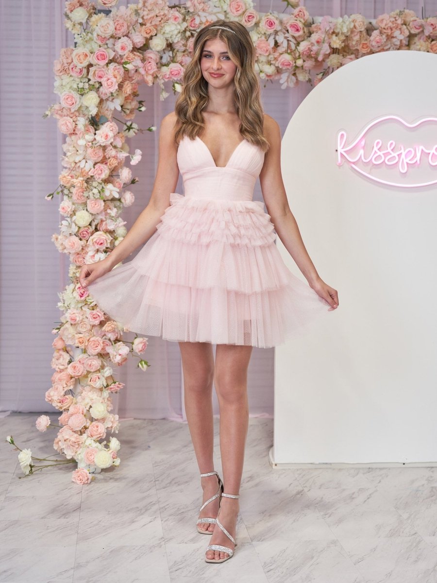 Layla | A - Line Deep V Neck Tiered Short Homecoming Dress - KissProm