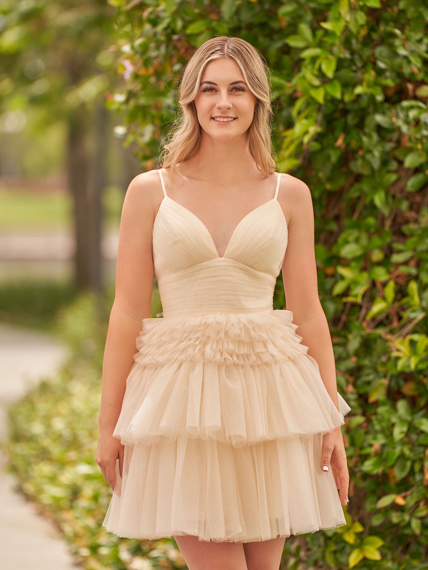 Pink A-Line Deep V Neck Tulle Tiered Homecoming Dresses