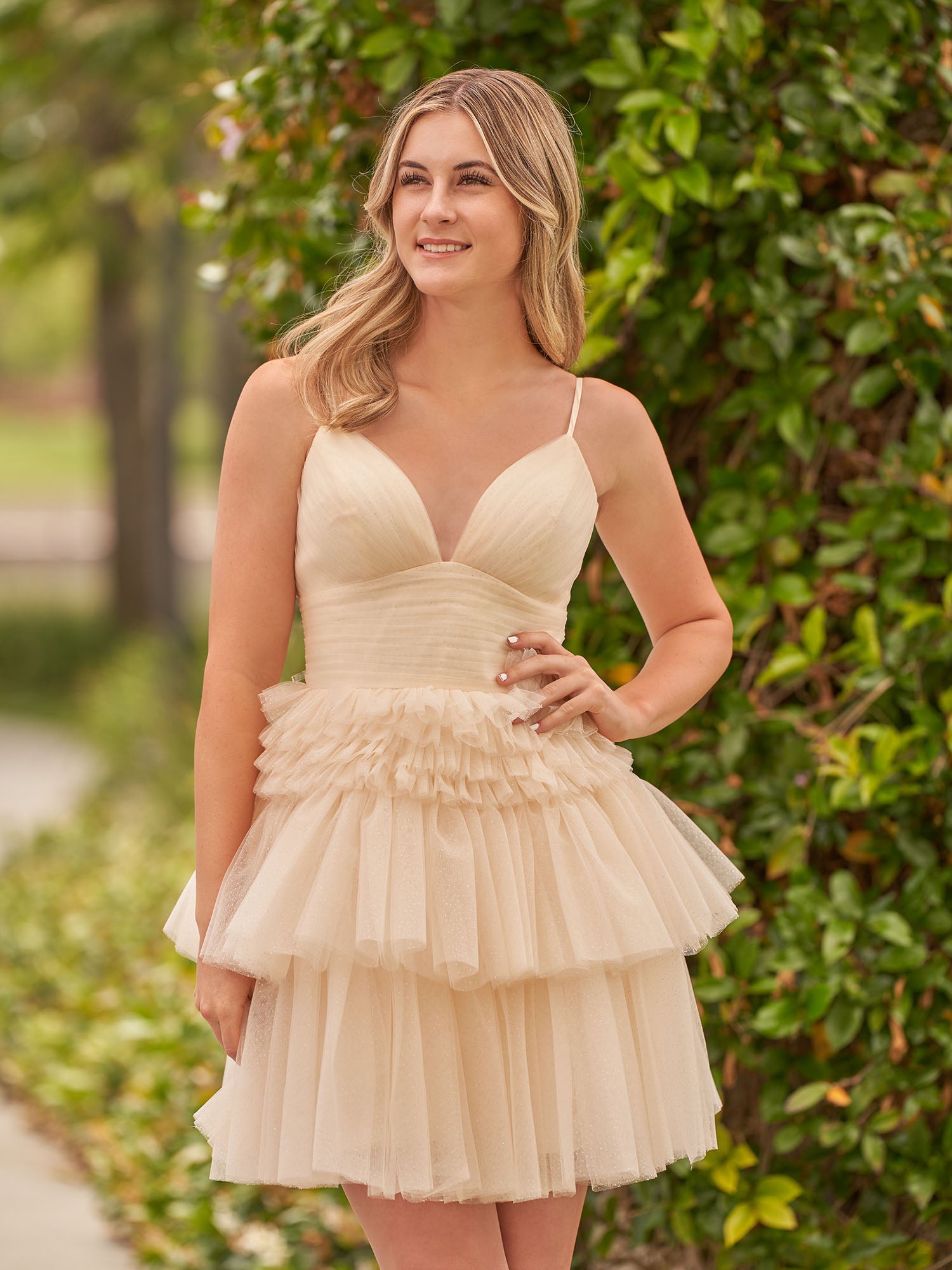 Pink A-Line Deep V Neck Tulle Tiered Homecoming Dresses
