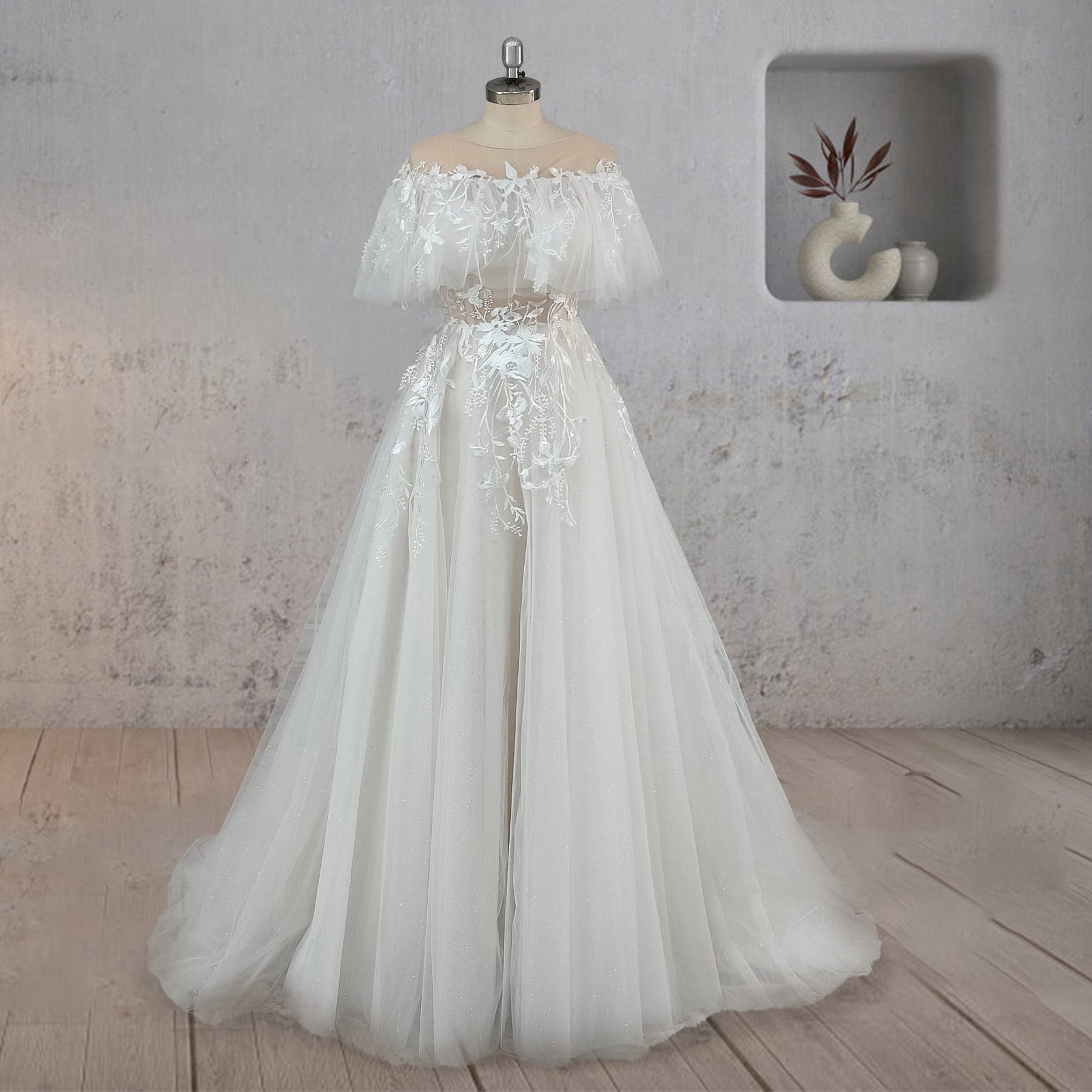A-Line Lace Button Covered Back Tulle Wedding Dress