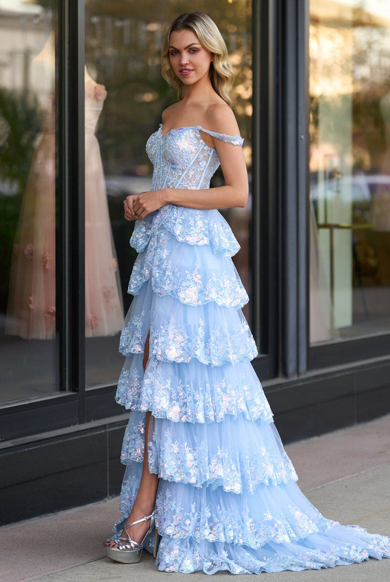 Capri | A - Line Lace Off - the - Shoulder Tiered Long Prom Dress with Slit - KissProm