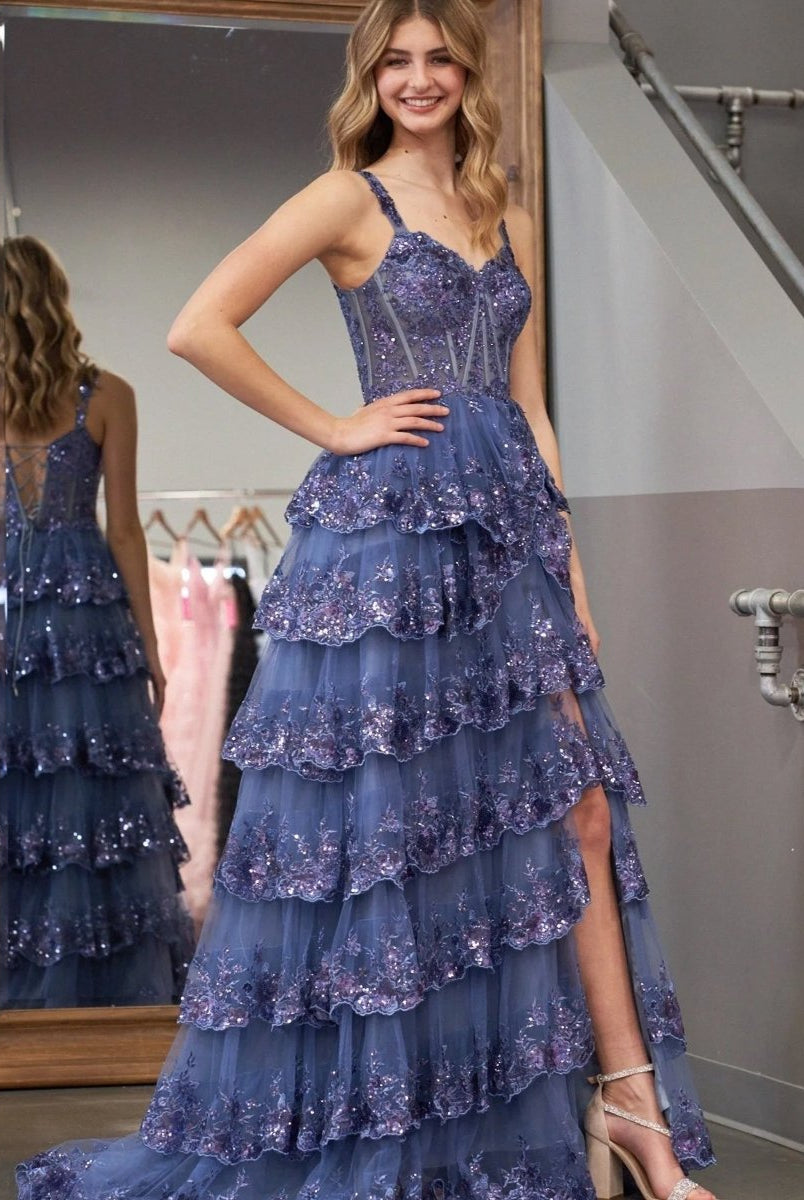 Capri | A - Line Lace Off - the - Shoulder Tiered Long Prom Dress with Slit - KissProm