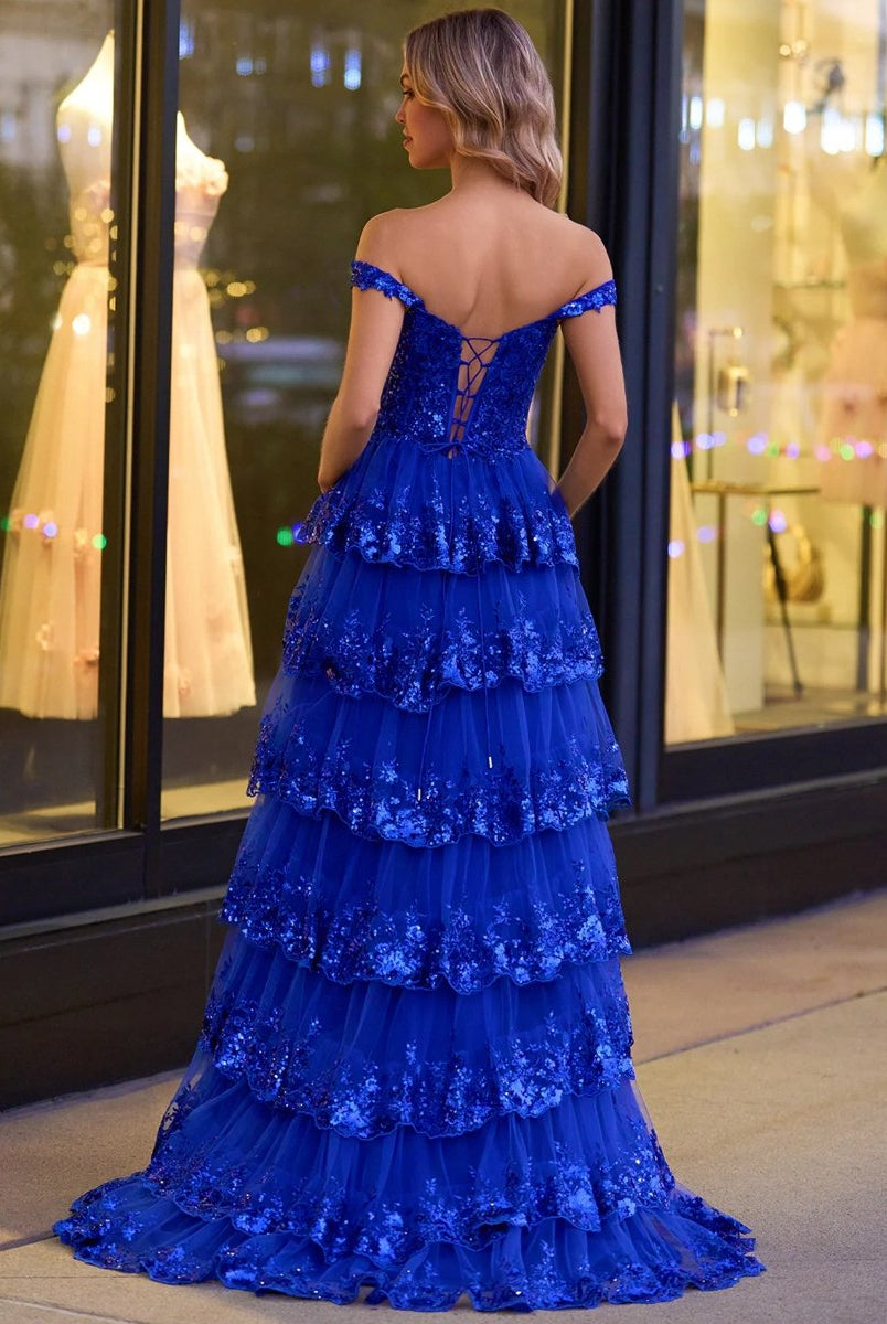 Capri | A - Line Lace Off - the - Shoulder Tiered Long Prom Dress with Slit - KissProm