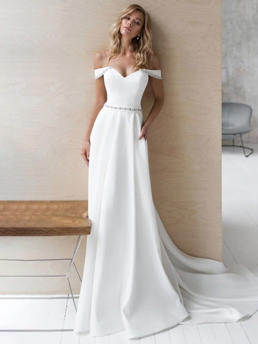 KissDress-A-Line Off the Shoulder Beaded Wedding Dress
