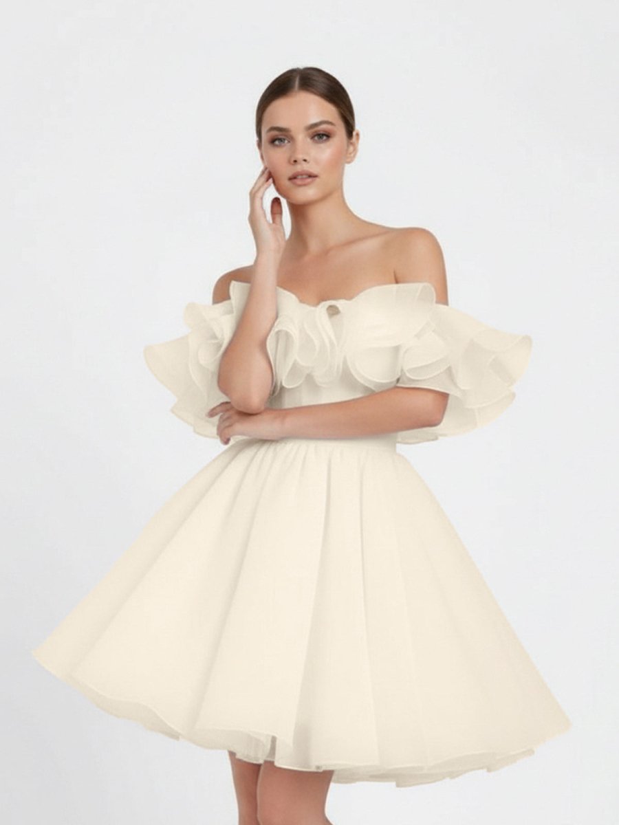 KissDress-Zephyr A-Line Off-The-Shoulder Sleeveless Short Mini Organza Wedding Dresses