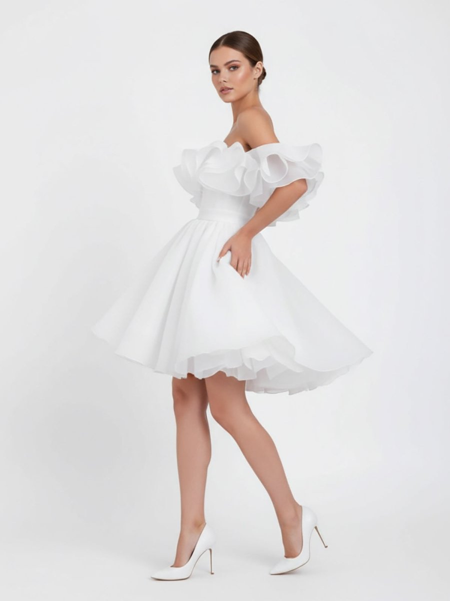 KissDress-Zephyr A-Line Off-The-Shoulder Sleeveless Short Mini Organza Wedding Dresses
