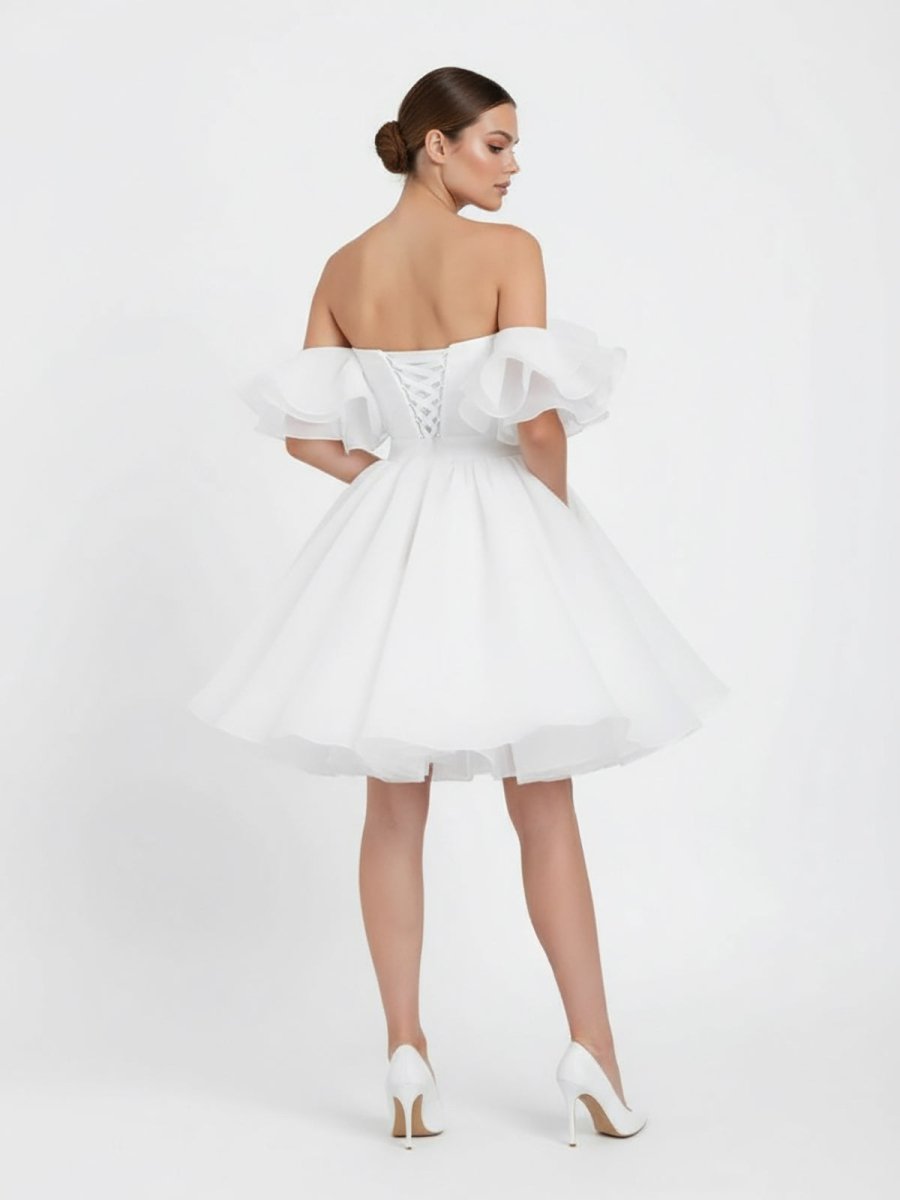 KissDress-Zephyr A-Line Off-The-Shoulder Sleeveless Short Mini Organza Wedding Dresses
