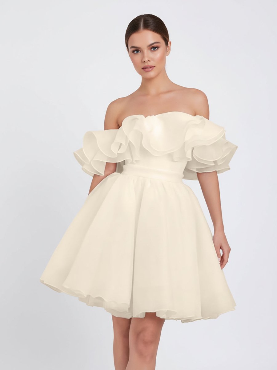 KissDress-Zephyr A-Line Off-The-Shoulder Sleeveless Short Mini Organza Wedding Dresses