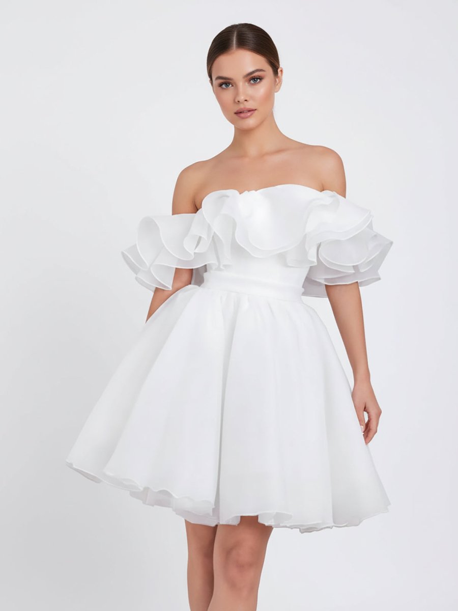 KissDress-Zephyr A-Line Off-The-Shoulder Sleeveless Short Mini Organza Wedding Dresses