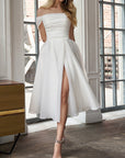 A-Line Off-The-Shoulder Sleeveless Tea-Length Organza Wedding Dresses