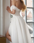 A-Line Off-The-Shoulder Sleeveless Tea-Length Organza Wedding Dresses