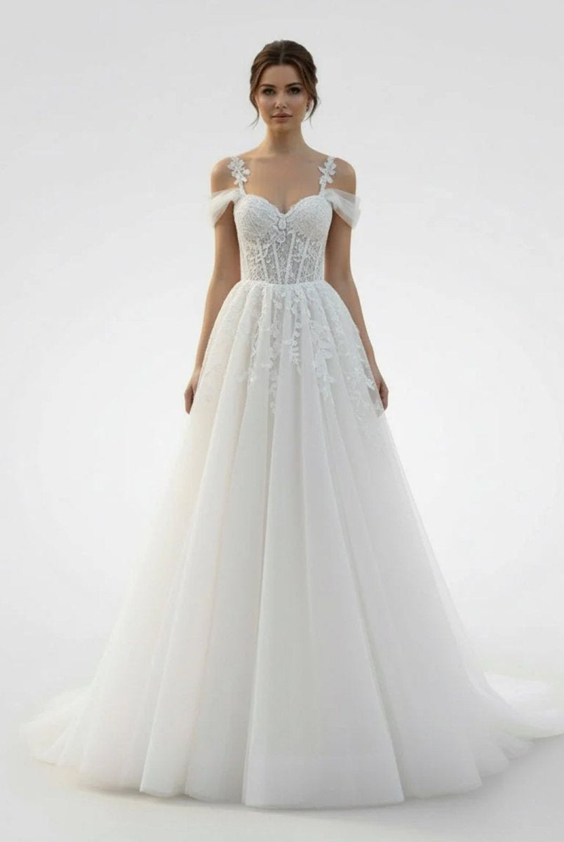 KissDress-Elodika A-Line Off-The-Shoulder Tulle Wedding Dresses With Appliques Lace