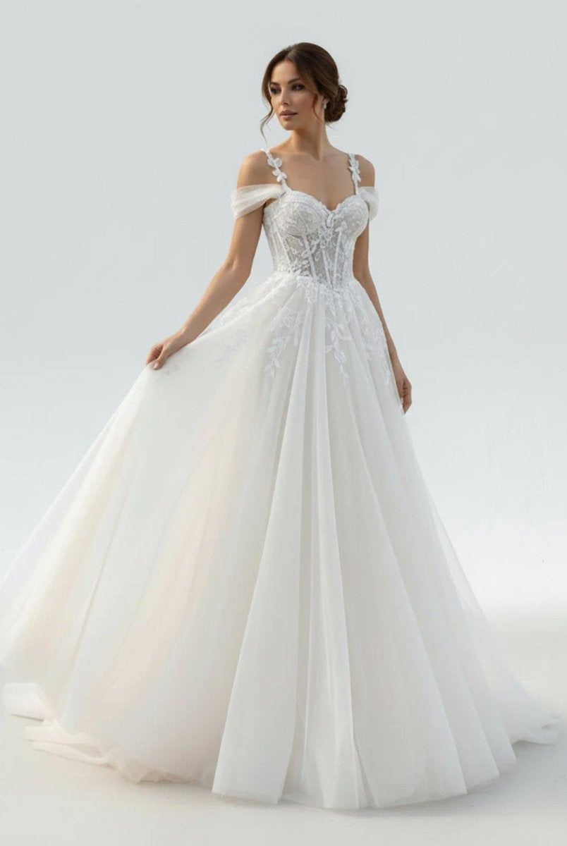 KissDress-Elodika A-Line Off-The-Shoulder Tulle Wedding Dresses With Appliques Lace