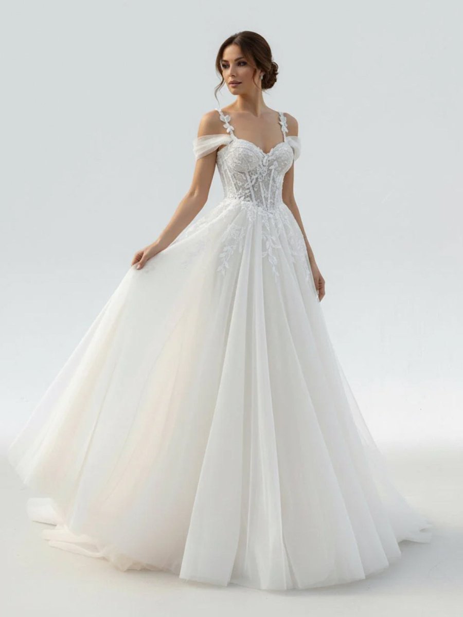 KissDress-Elodika A-Line Off-The-Shoulder Tulle Wedding Dresses With Appliques Lace