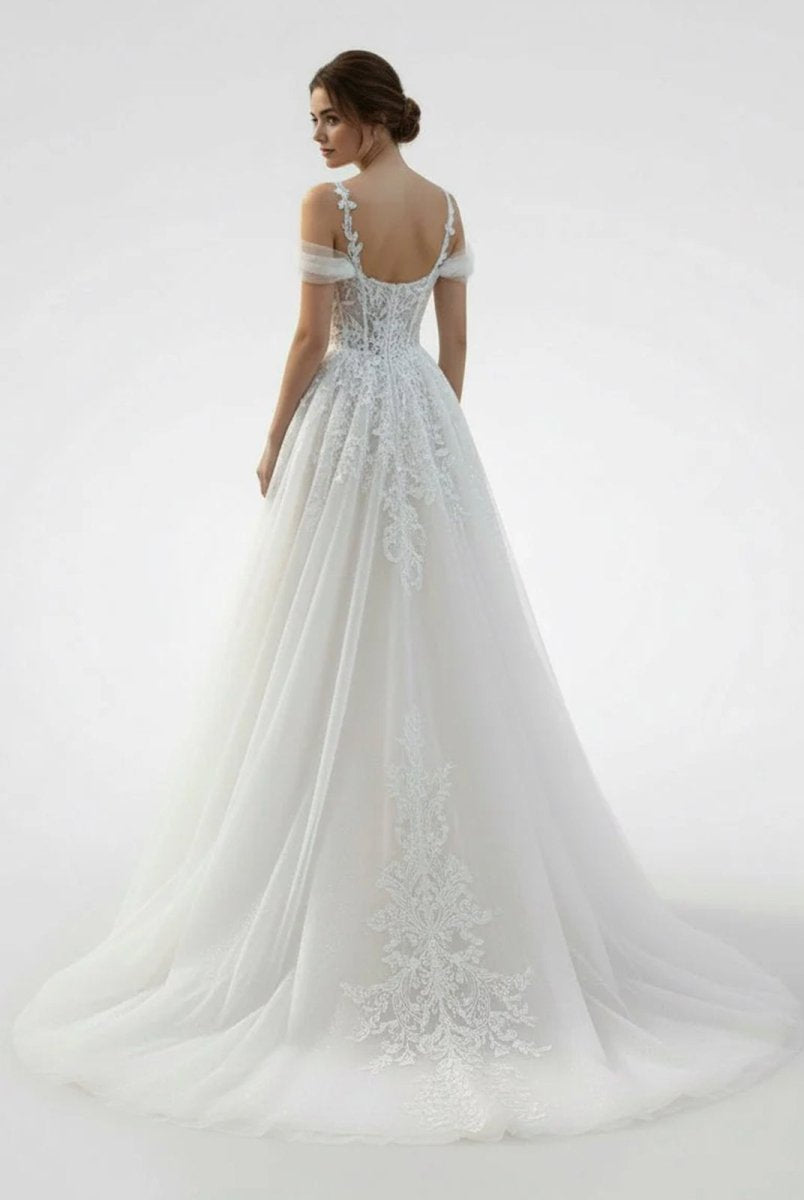 KissDress-Elodika A-Line Off-The-Shoulder Tulle Wedding Dresses With Appliques Lace