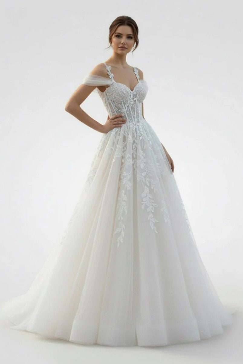 KissDress-Elodika A-Line Off-The-Shoulder Tulle Wedding Dresses With Appliques Lace