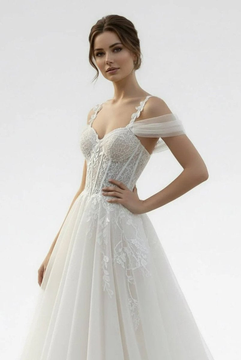 KissDress-Elodika A-Line Off-The-Shoulder Tulle Wedding Dresses With Appliques Lace