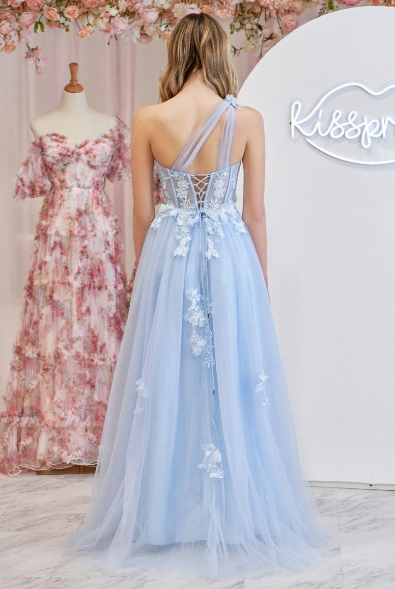 A Line One Shoulder Black Long Prom Dress with Appliques - KissProm
