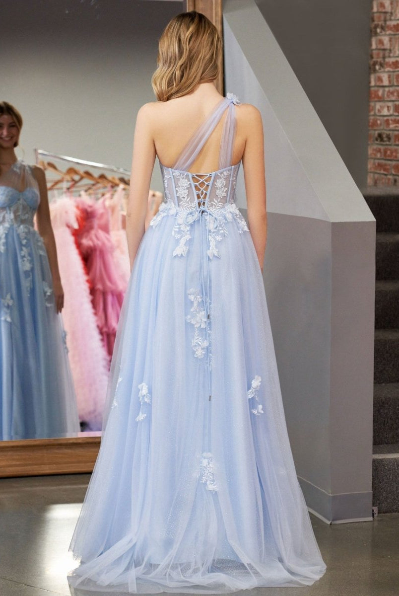 A Line One Shoulder Black Long Prom Dress with Appliques - KissProm