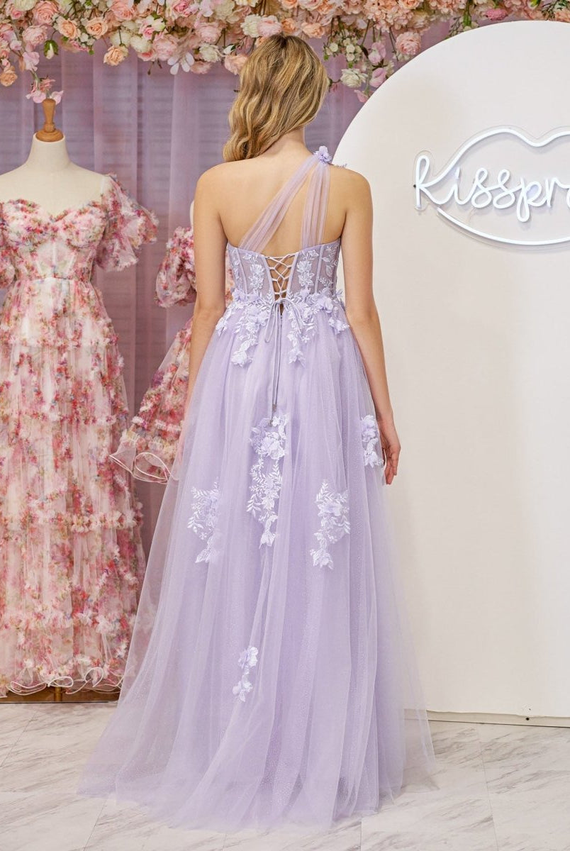 A Line One Shoulder Black Long Prom Dress with Appliques - KissProm