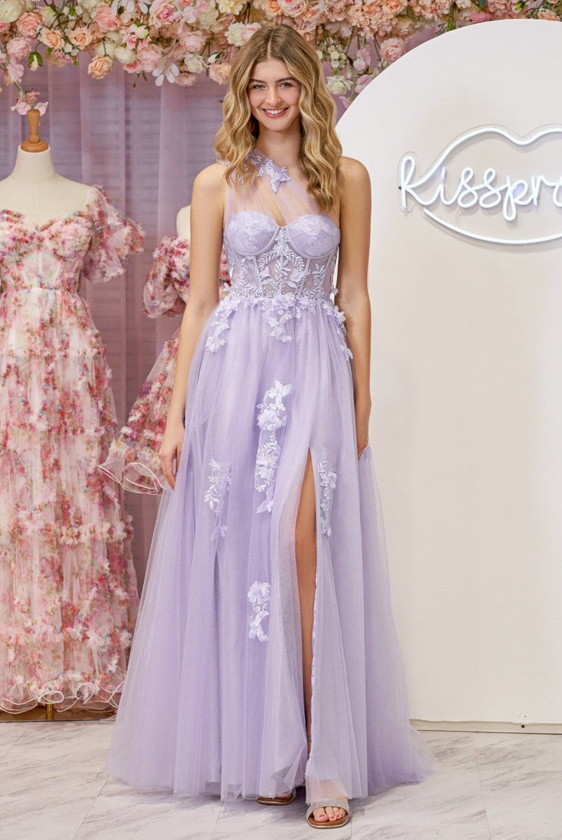 A Line One Shoulder Black Long Prom Dress with Appliques - KissProm