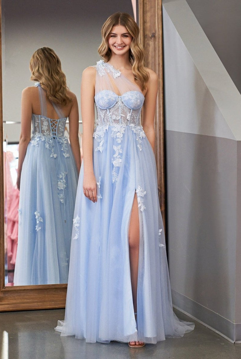 A Line One Shoulder Black Long Prom Dress with Appliques - KissProm