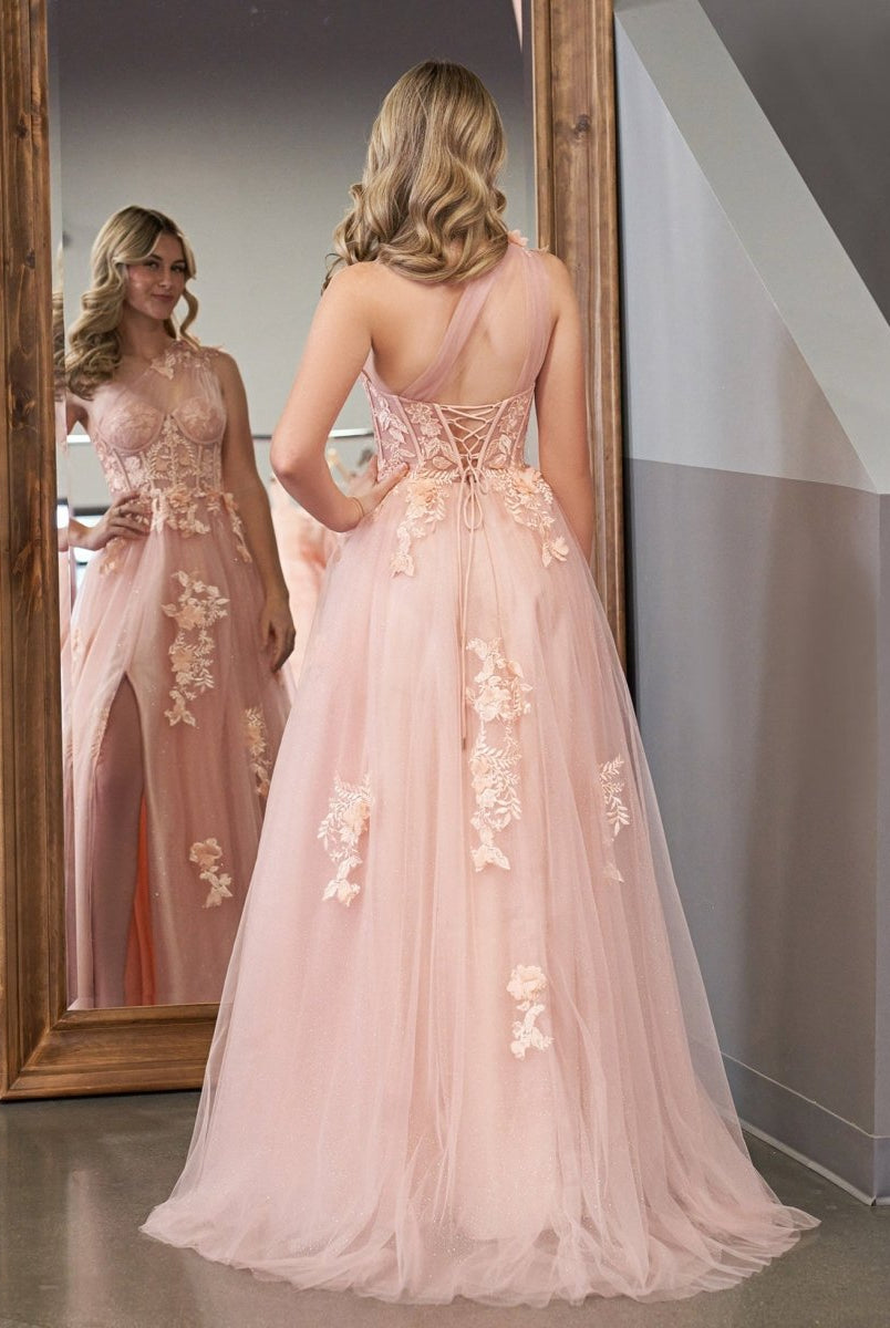 A Line One Shoulder Black Long Prom Dress with Appliques - KissProm