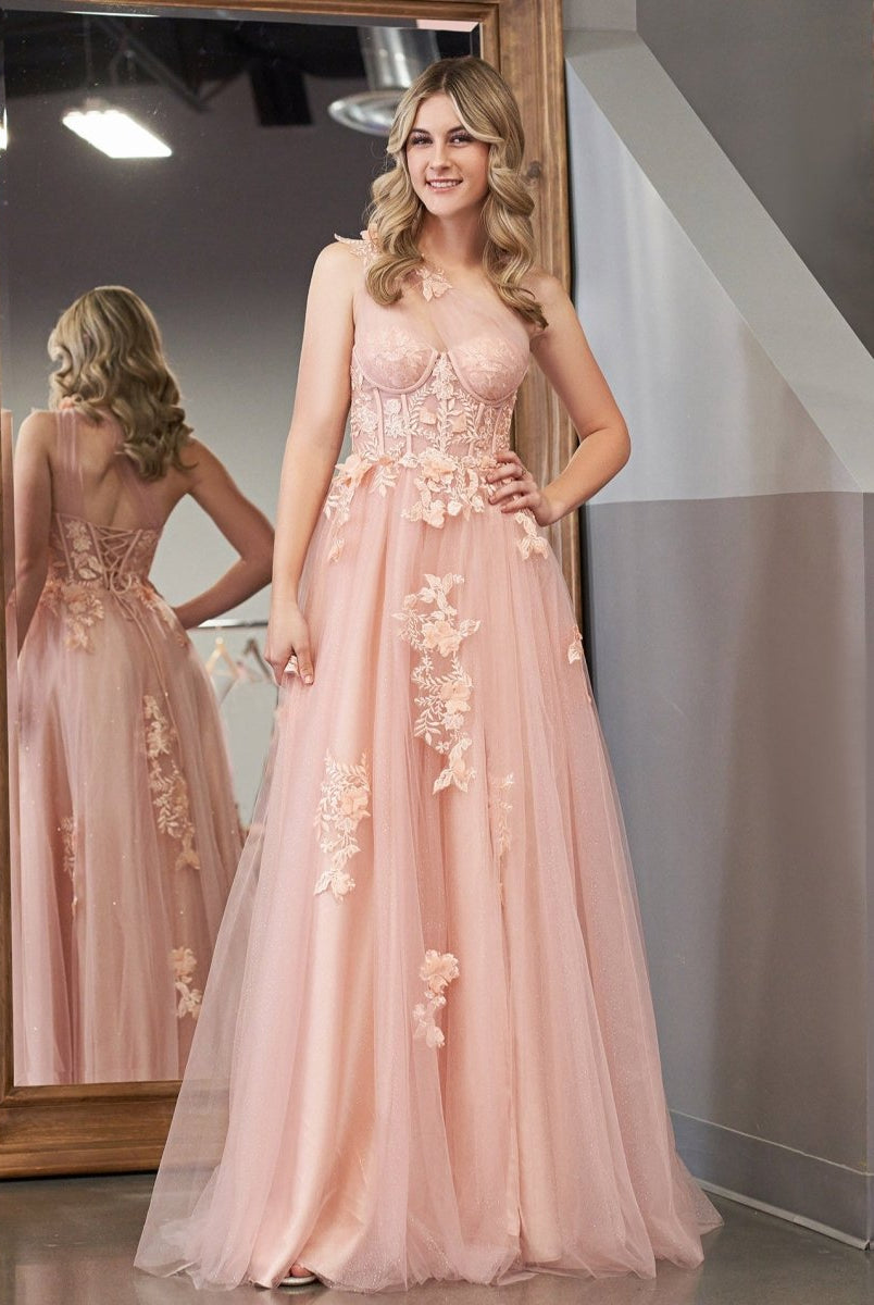 A Line One Shoulder Black Long Prom Dress with Appliques - KissProm