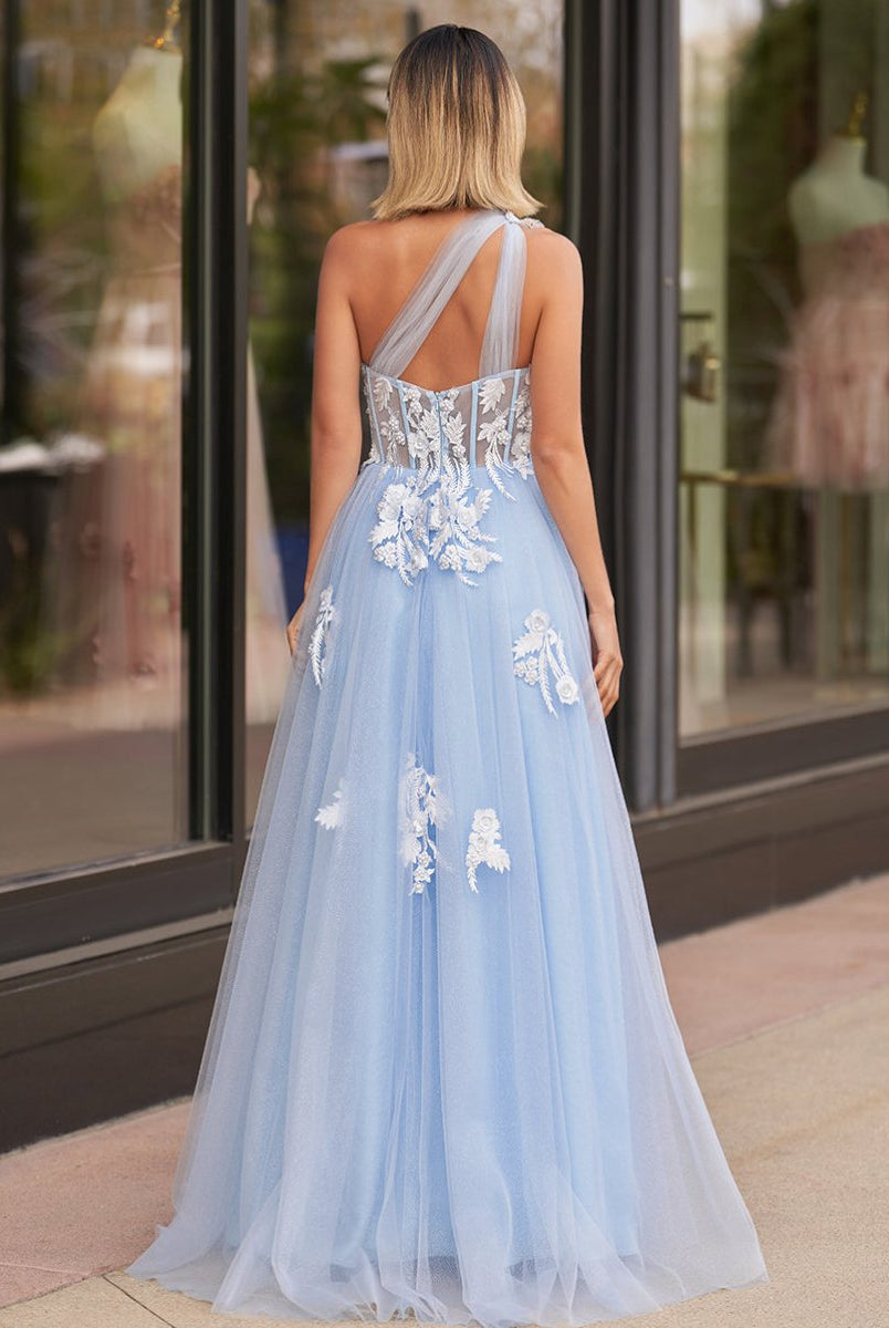 A Line One Shoulder Black Long Prom Dress with Appliques - KissProm