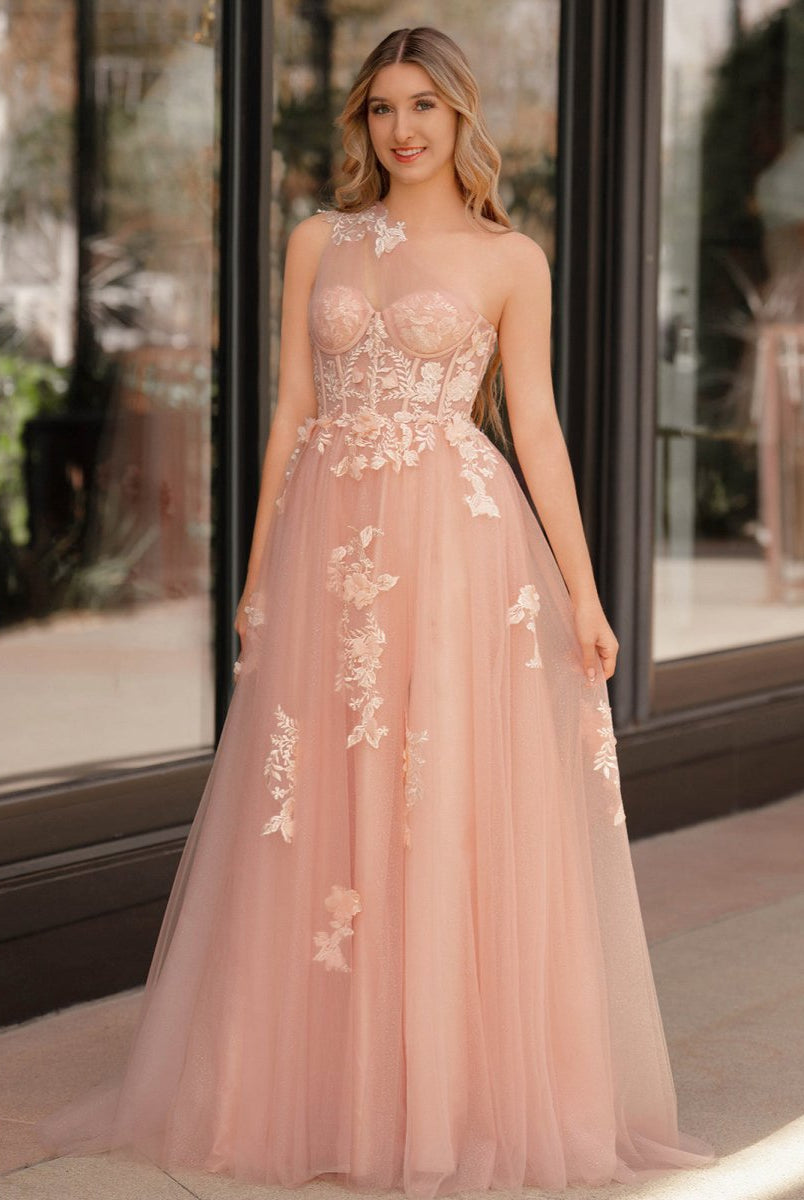 A Line One Shoulder Black Long Prom Dress with Appliques - KissProm