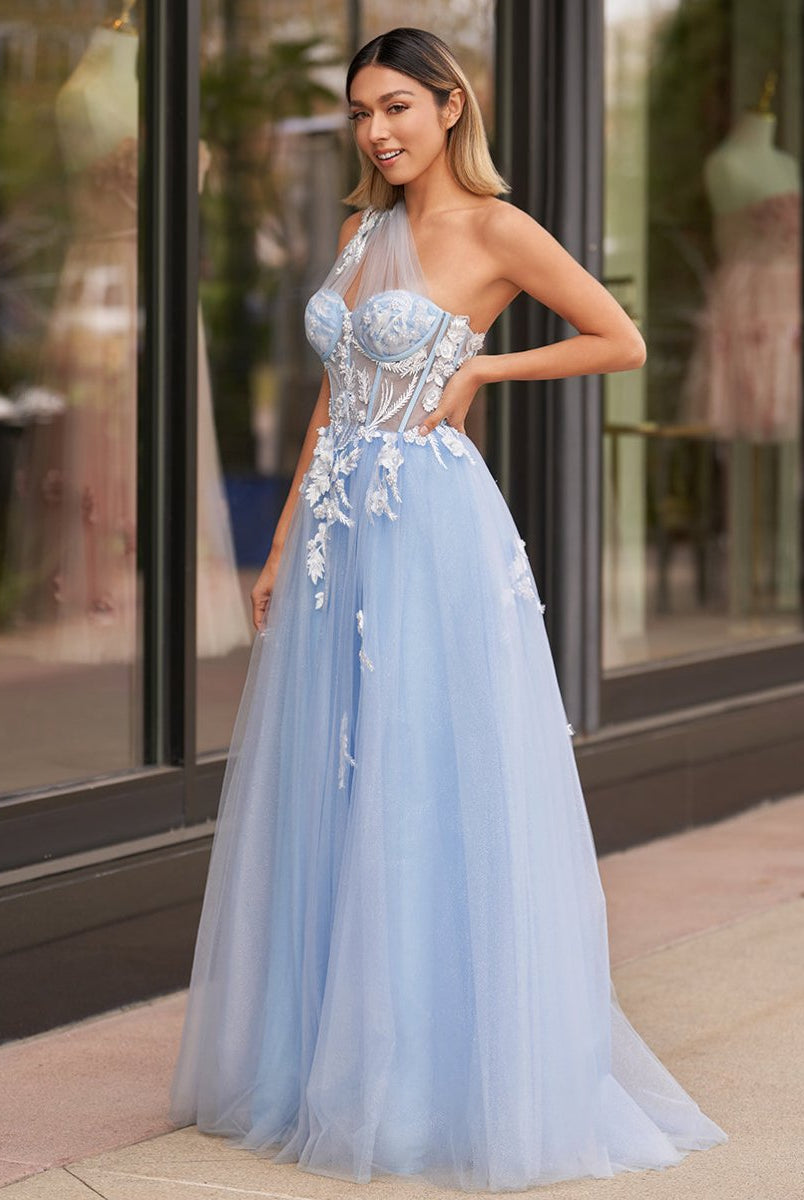 A Line One Shoulder Black Long Prom Dress with Appliques - KissProm