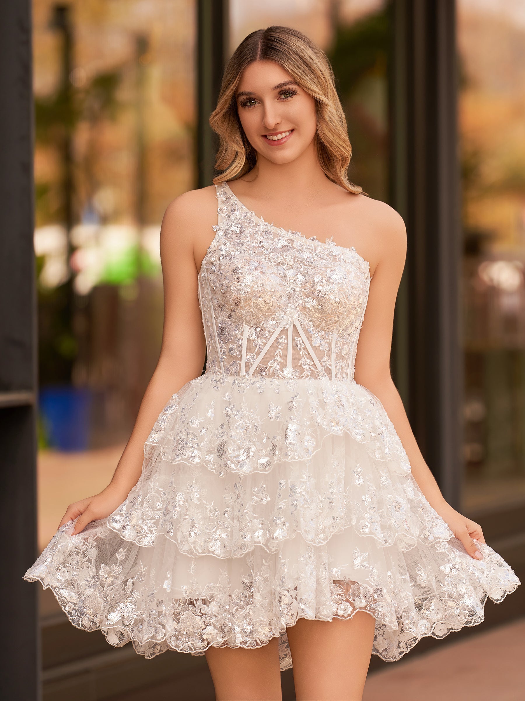 Royal Blue A Line One Shoulder Tiered Lace Short Homecoming Dress