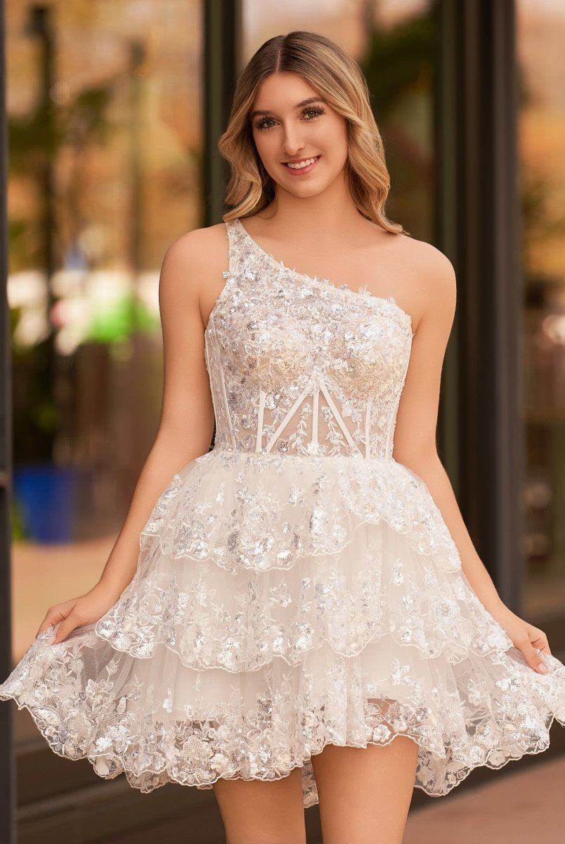 Emma | A Line One Shoulder Navy Tiered Lace Short Homecoming Dress - KissProm
