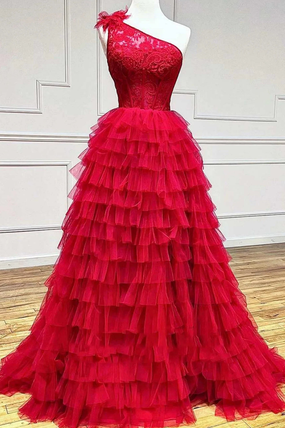 Black A Line One Shoulder Tulle Tiered Long Prom Dress