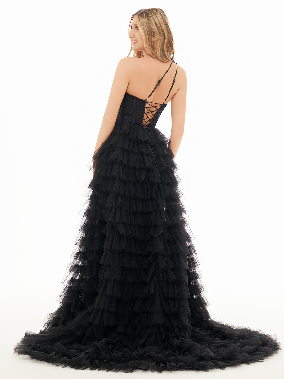 Black A Line One Shoulder Tulle Tiered Long Prom Dress
