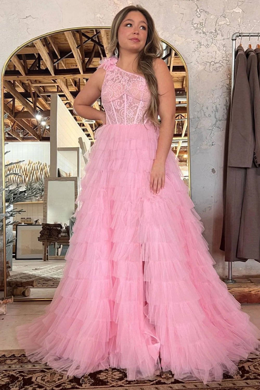 Black A Line One Shoulder Tulle Tiered Long Prom Dress
