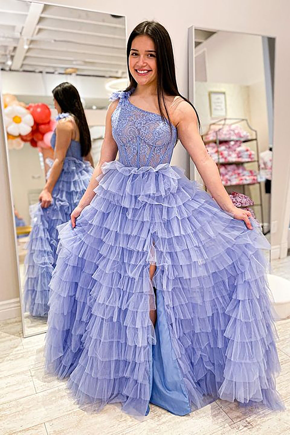 Black A Line One Shoulder Tulle Tiered Long Prom Dress